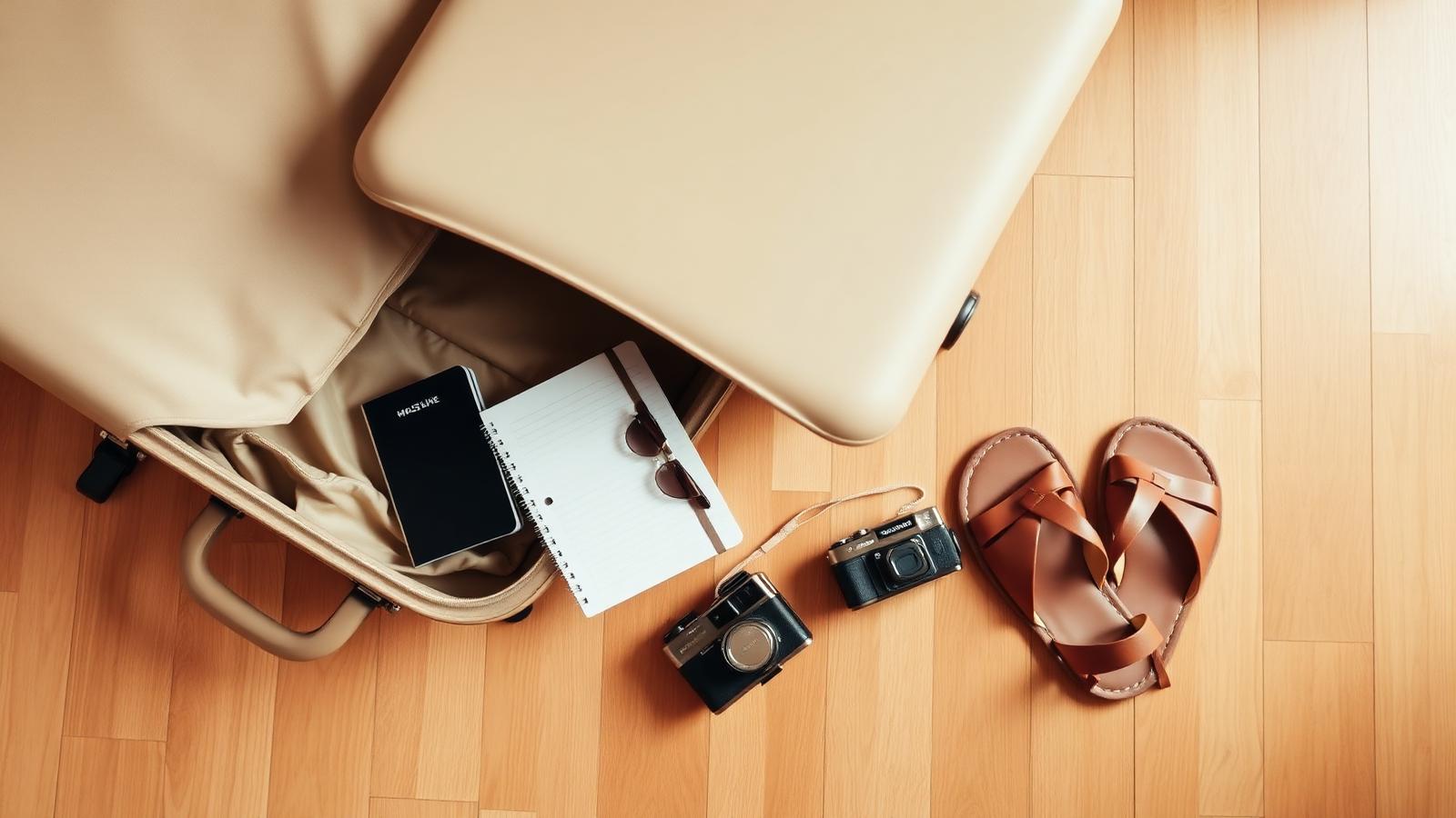 Mala aberta com passaporte, moleskine, câmera e sandálias — pronta para o embarque