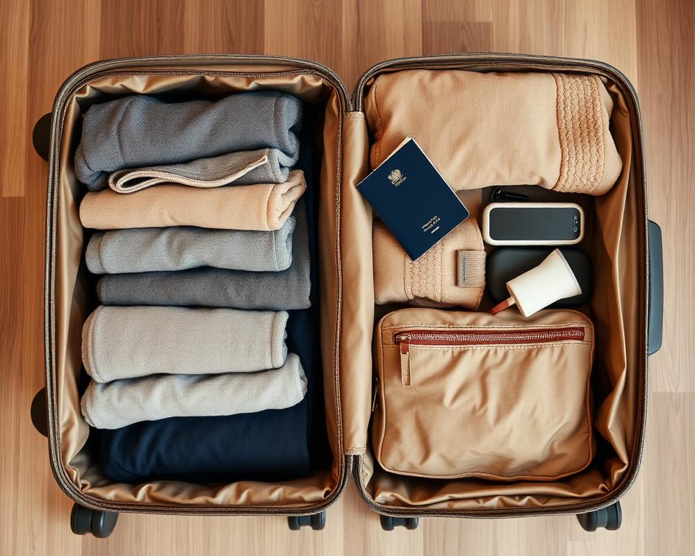 Mala organizada com roupas dobradas em packing cubes, passaporte e acessórios