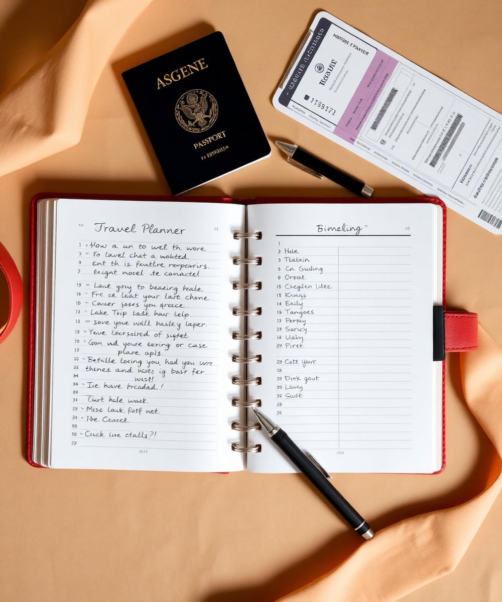 Planner físico aberto com checklists escritos à mão, passaporte e boarding pass